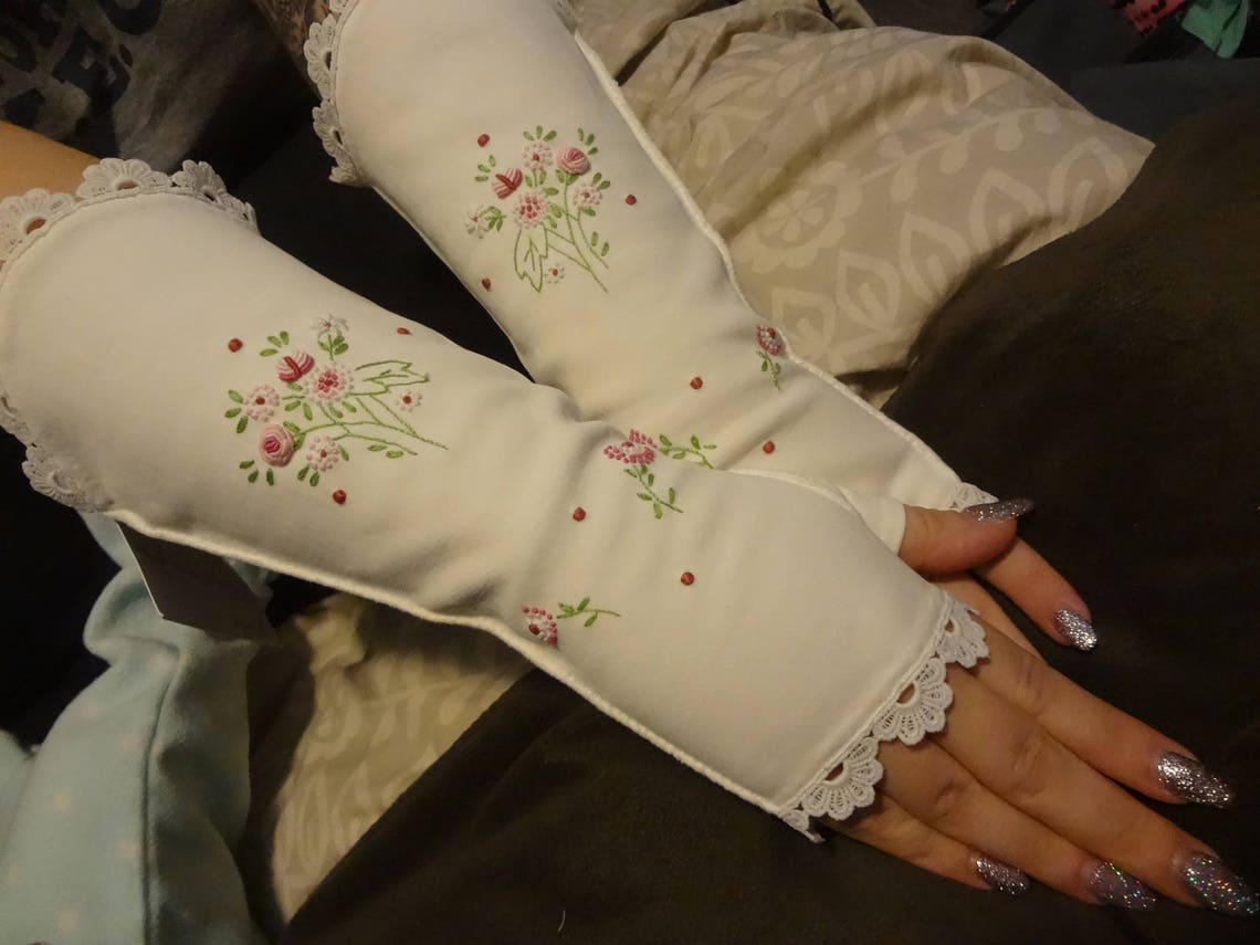 Upcycled Embroidered Fingerless Dress Gloves Shabby Elegance Etsy Canada