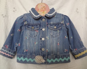 Infant Baby Girl's size 6 - 12 months Upcycled Embellished Denim Jean Jacket Decorated Upcycled Size 6-12 months - by Atlantic Rock Threads