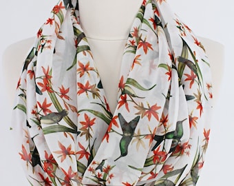 Hummingbird Pattern Infinity scarf, Circle scarf, Long Scarf, spring - fall - winter - summer fashion