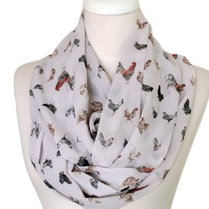 Rooster & Chicken Print Infinity scarf Circle scarf Loop scarf Scarves Shawls fall winter fashion animal scarf gift for her under 20 dollars