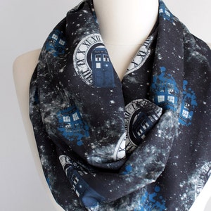 Dr Who Tardis Scarf Infinity Scarf Black Scarf Tardis Space Scarf Geek Gift For Her Doctor Who Gift Dr Who Fan