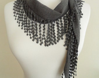 Gray Pashmina Fabric scarf, Lace scarf, Embroidery scarf,  triangle scarf, cowl scarf, trim shawls, spring - summer - fall - winter fashion