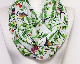 Sparrow Birds Pattern Chiffon Infinity scarf, Circle scarf, Long Scarf, spring - fall - winter - summer fashion