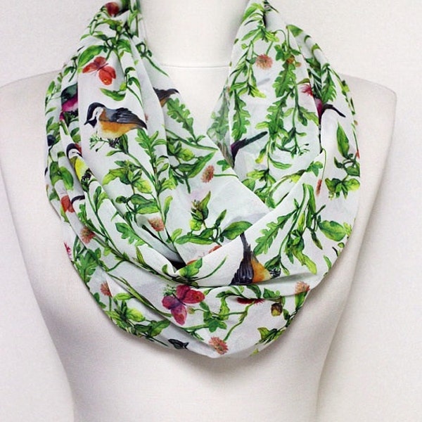 Sparrow Birds Pattern Chiffon Infinity scarf, Circle scarf, Long Scarf, spring - fall - winter - summer fashion