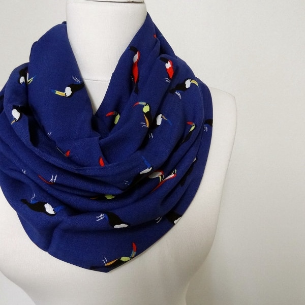 Parrots Pattern Navy Blue Viscose Infinity scarf, Circle Scarf, Tube Scarf, Spring Fall Winter - Summer fashion