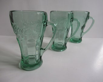 Vintage Libbey Coca Cola Heavy Green Glass Mugs Set of 3