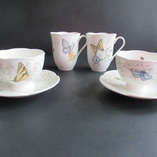 Lenox Butterfly Meadow 2 Footed Cups Saucers Eastern Blue and Swallowtail Mugs