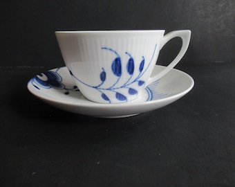 Royal Copenhagen Cobalt Blue and White Handpainted Cup and Saucer