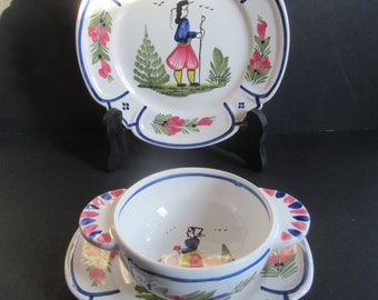 HB Quimper France Man With Pole Salad and Bread Butter Plate Woman With Flowers Handled Bowl