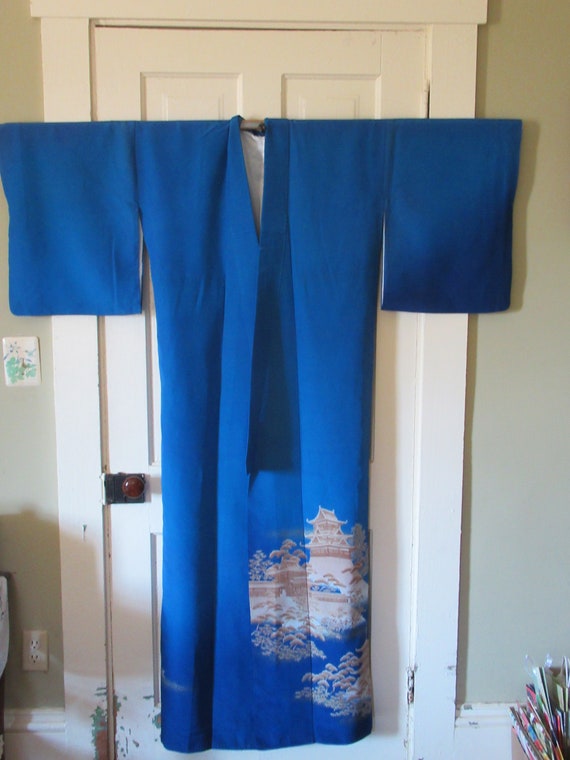 Blue Japanese Kimono with Temple Design