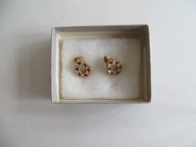 Avon Plaza Collection Red Simulated Ruby and Rhinestone Necklace Bracelet and Earrings In Original Boxes