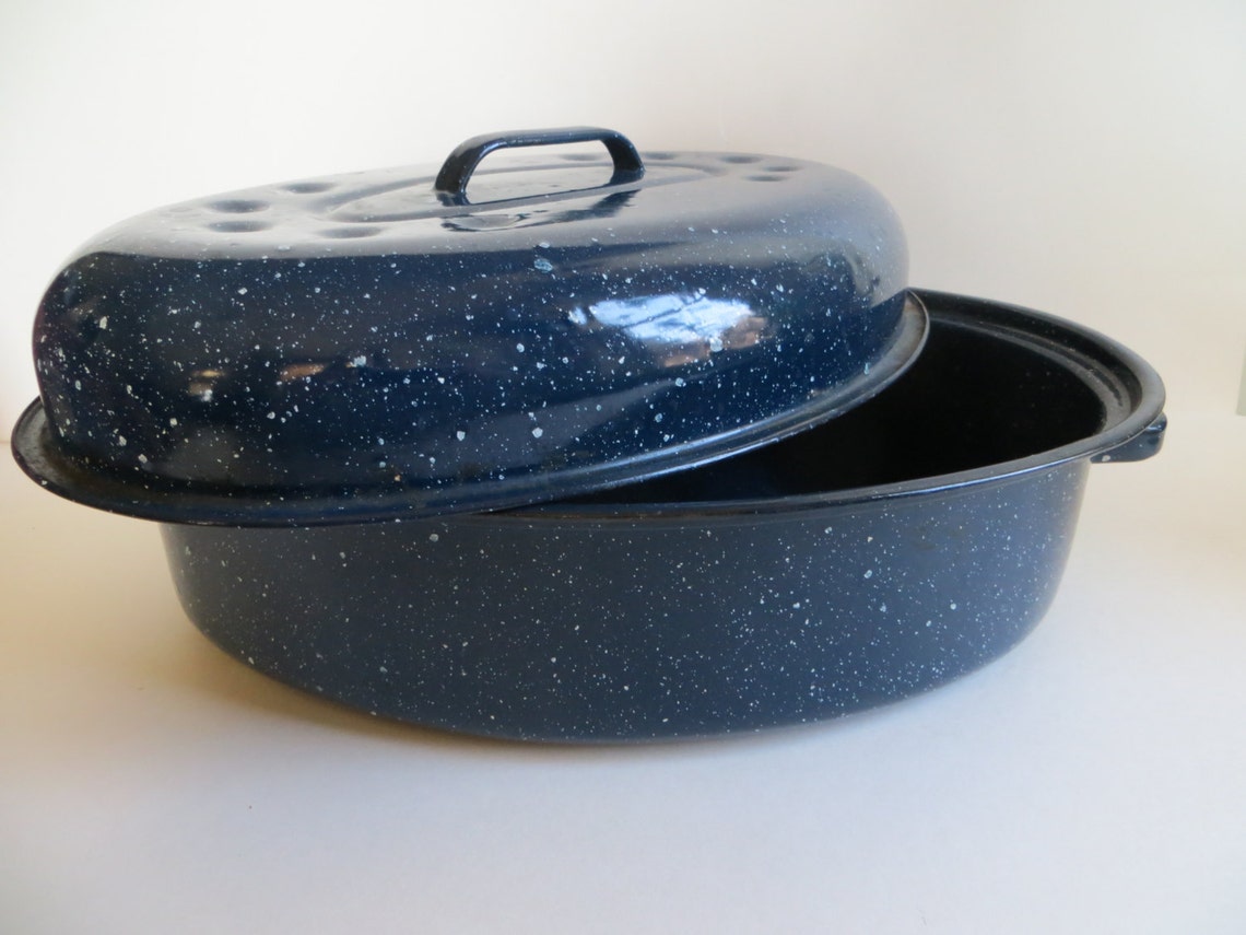 Vintage Blue Speckled Enamel Roasting Pan Etsy