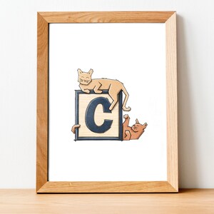 C is for Cats - Digital Download Artwork of a Wood Block with the Letter C and Two Playful Felines