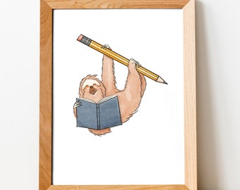 May include: A brown sloth hanging upside down from a yellow pencil, reading a blue book.
