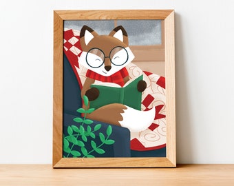Cozy Fox Reading Book Art: Whimsical Children's Print (Digital Download)