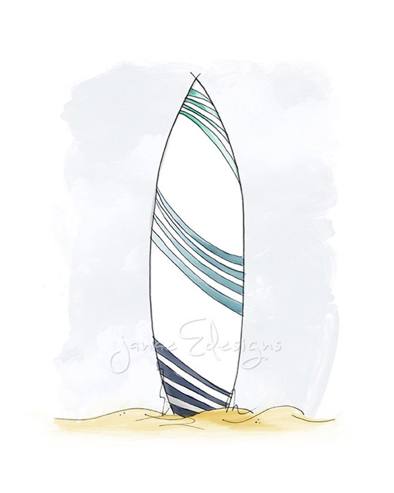 Surfboard Illustration Wave Design Beach Art Print 5x7 or | Etsy