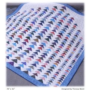 Peut inclure: Un modèle de courtepointe appelé "Flying Formation" conçu par Theresa Ward. La courtepointe est faite de triangles colorés disposés en diagonale sur un fond blanc. La courtepointe mesure 78 pouces par 81 pouces et est bordée d'un tissu bleu. La courtepointe est réalisée par Always Quilts et porte le numéro de modèle #AQ116.