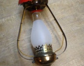 Charming red lantern style vintage hanging lamp is 15 quot in length. The red enameled cap is 6 quot across with a 7 1 2 quot glass chimney.