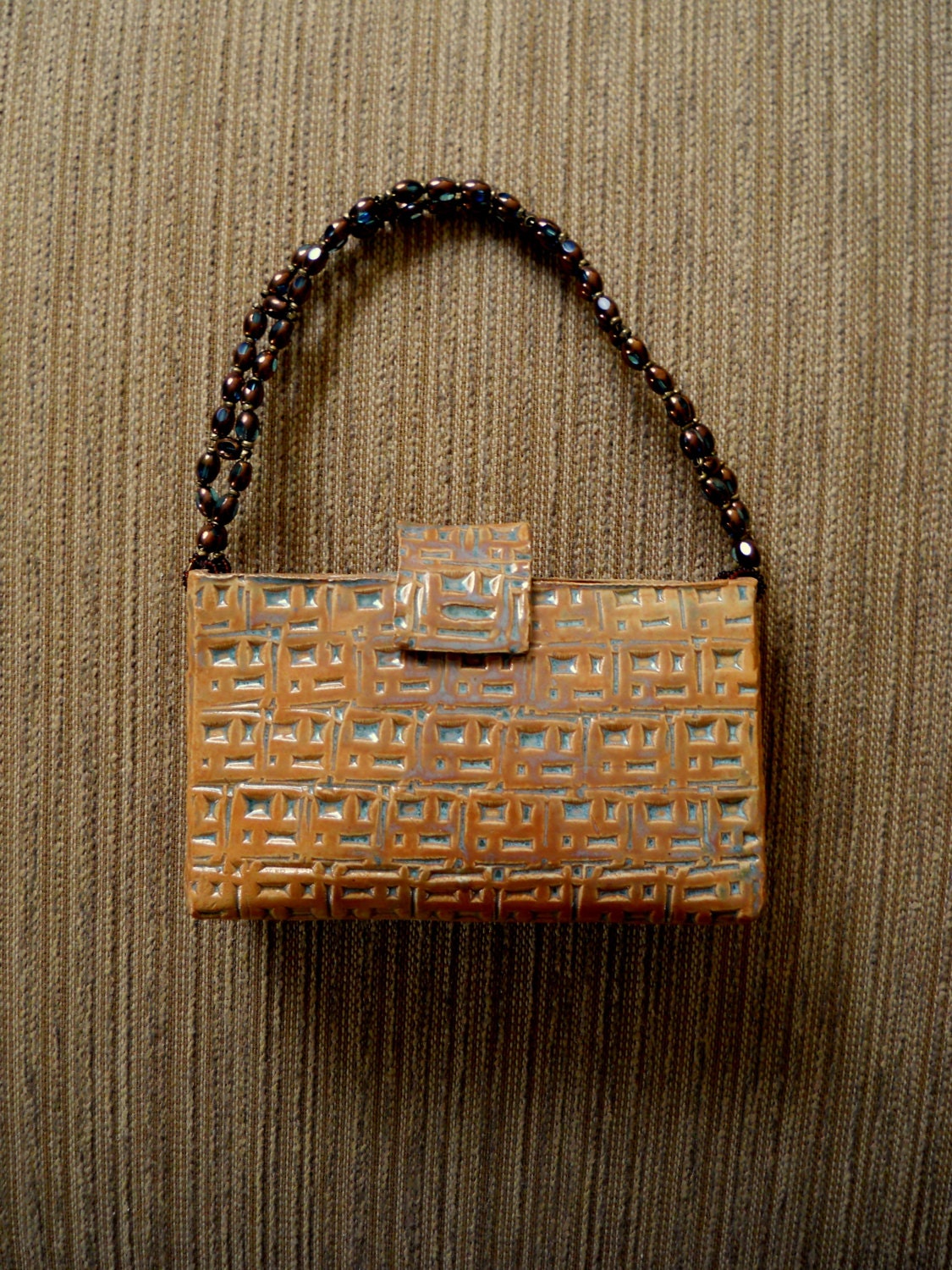 Handmade textured ceramic purse with beaded strap to stash Etsy