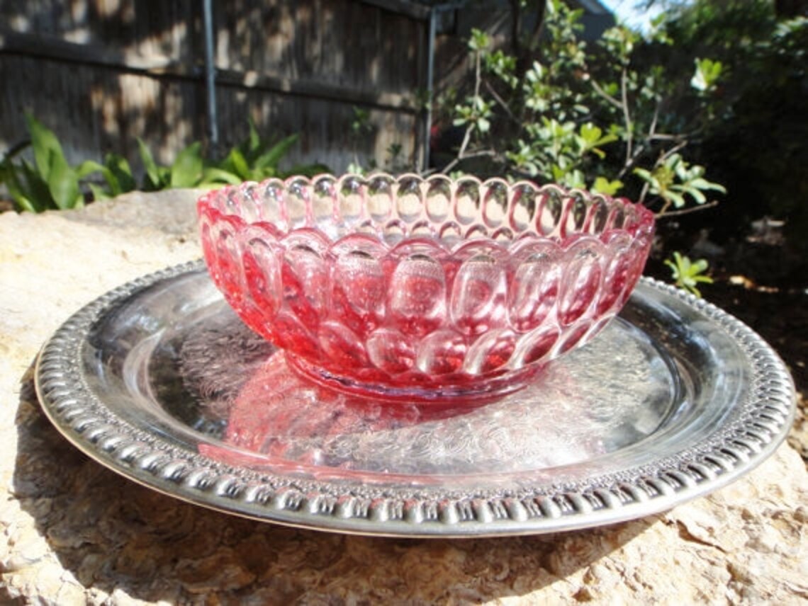 Pressed Glass Pink Serving Dish Etsy