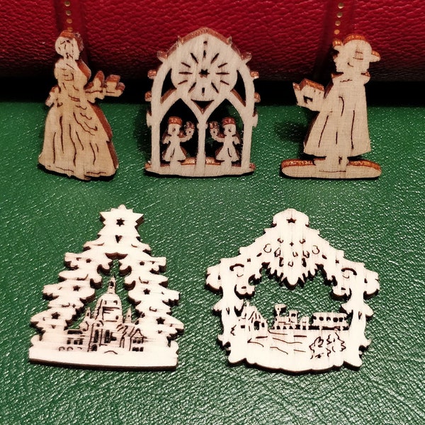 Five Miniature Wood Ornaments 1 Christmas Tree: 1 Chocolate Girl; 1 Night Watchman; 1 Church Window; 1 Birdhouse, Set 9 #Erzgebirge