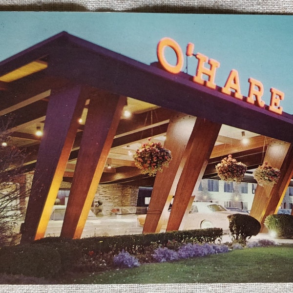 Chicago, Illinois, Vintage Postcard, O'Hare Inn, Midcentury Modern, Googie, Architecture, Neon Sign, circa 1965