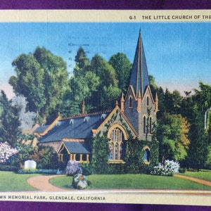 Glendale, California, Vintage Linen Postcard, Little Church of the Flowers, Forest Lawn Cemetery, 1933