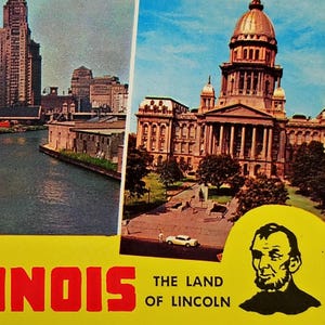 Chicago, Illinois, Cartão postal antigo, Abraham Lincoln, horizonte de Chicago e Capitólio; por volta de 1960