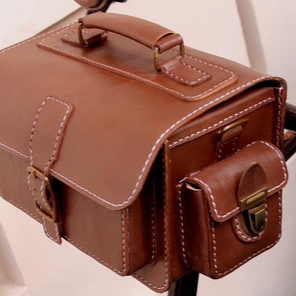 Handmade natural veg tanned leather bicycle handlebar bag/ seat  bag/ messenger bag brown color