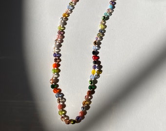 PATCHWORK BEADED NECKLACE - Rainbow knotted beaded necklace with 14kt gold fill clasp