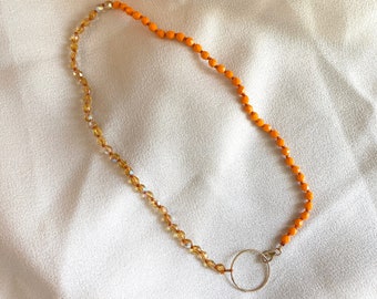 KNOTTED BEADED NECKLACE - Orange crystal knotted beaded necklace with 14kt gold filled ring
