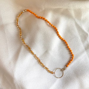 KNOTTED BEADED NECKLACE Orange crystal knotted beaded necklace with 14kt gold filled ring image 1