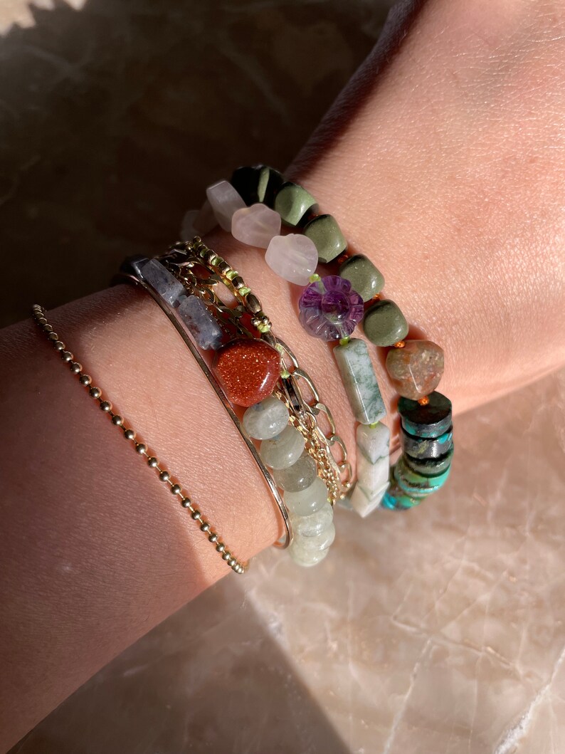 Hand Knotted Gemstone Bracelet Fluorite Flower Rose Quartz Moss Agate SPLIT BRACELET image 4