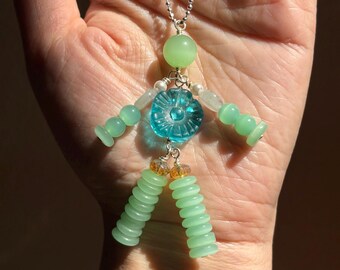 Handmade Beaded Purse Charm, Keychain, Pendant: Czech Flowers - BEAD BUDDY - CHALCEDONY