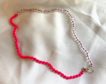 KNOTTED BEADED NECKLACE - Neon Pink & Crystal knotted beaded necklace with 14kt gold filled ring