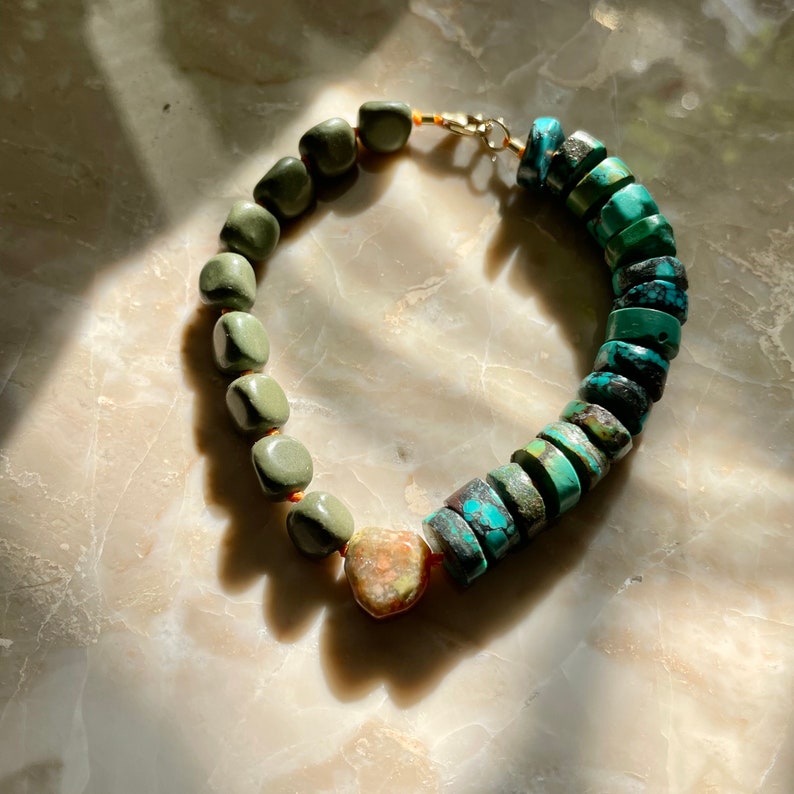 Hand Knotted Gemstone Bracelet SPLIT BRACELET Jasper Heart Serpentine Turquoise image 1