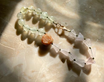 Hand Knotted Gemstone Bracelet - SPLIT BRACELET - Jasper Heart |  | Rose Quartz | Prehnite