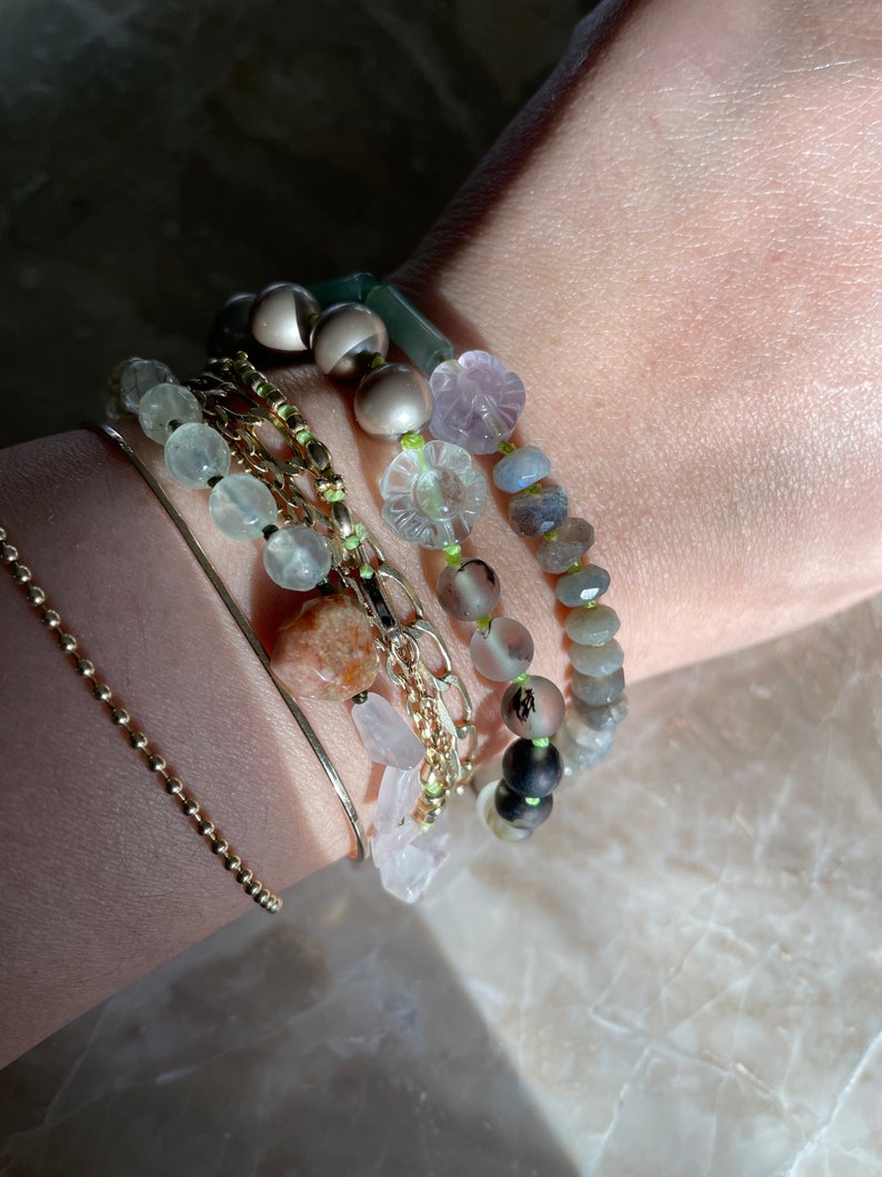 Hand Knotted Gemstone Bracelet SPLIT BRACELET Fluorite Flower Matte Quartz Swarovski Pearls image 5