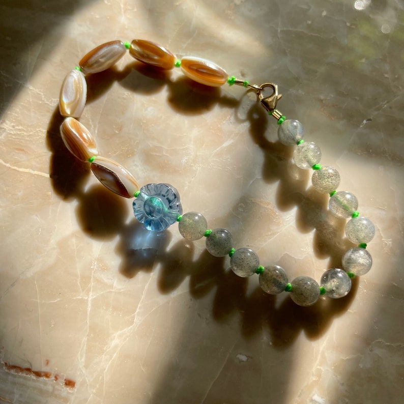 Hand Knotted Gemstone Bracelet Fluorite Flower Labradorite Mother of Pearl SPLIT BRACELET image 1