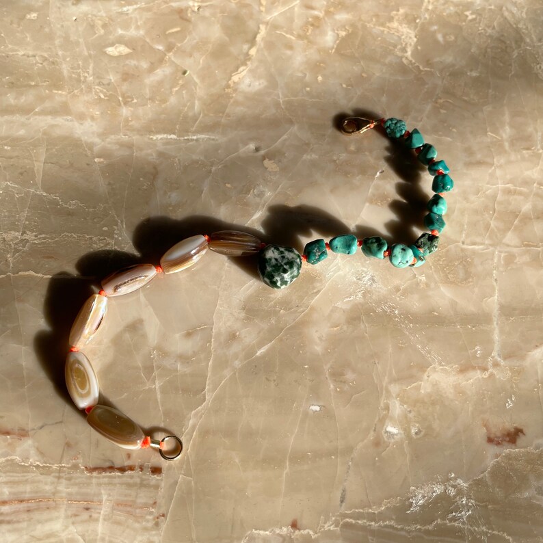 SPLIT BRACELET Moss Agate Heart Mother Of Pearl Turquoise Nuggets Hand Knotted Gemstone Bracelet image 4