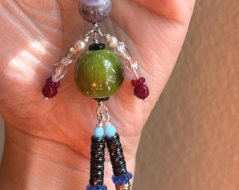 Handmade Beaded Purse Charm, Keychain, Pendant: Czech flower, ceramic, amethyst - BEAD BUDDY - ORLA