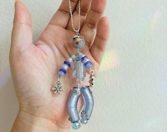 Handmade Beaded Purse Charm: Sapphire Glass, Crystal, Gemstone - BEAD BUDDY - SAPPHIRE