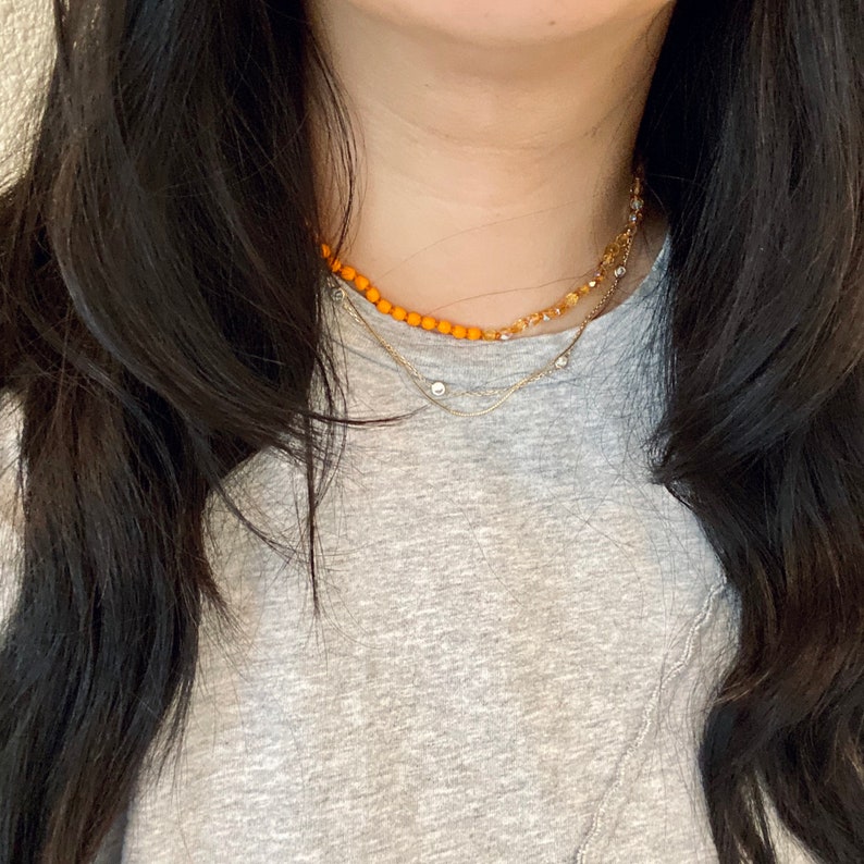 KNOTTED BEADED NECKLACE Orange crystal knotted beaded necklace with 14kt gold filled ring image 4