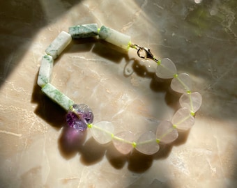 Hand Knotted Gemstone Bracelet - Fluorite Flower |  | Rose Quartz | Moss Agate - SPLIT BRACELET