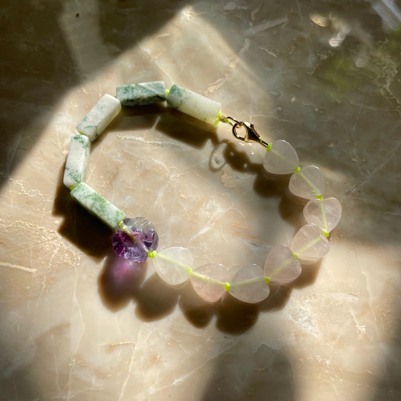 Hand Knotted Gemstone Bracelet Fluorite Flower Rose Quartz Moss Agate SPLIT BRACELET image 1