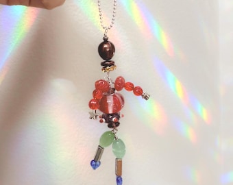 Handmade Beaded Purse Charm: Glass Crystals Gemstones Keychain - BEAD BUDDY - EDITH