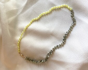 KNOTTED BEADED NECKLACE - Yellow and metallic green crystal knotted beaded necklace with 14kt gold filled clasp