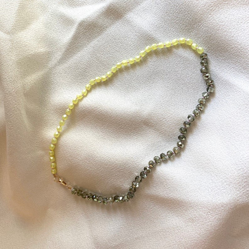 KNOTTED BEADED NECKLACE Yellow and metallic green crystal knotted beaded necklace with 14kt gold filled clasp image 1