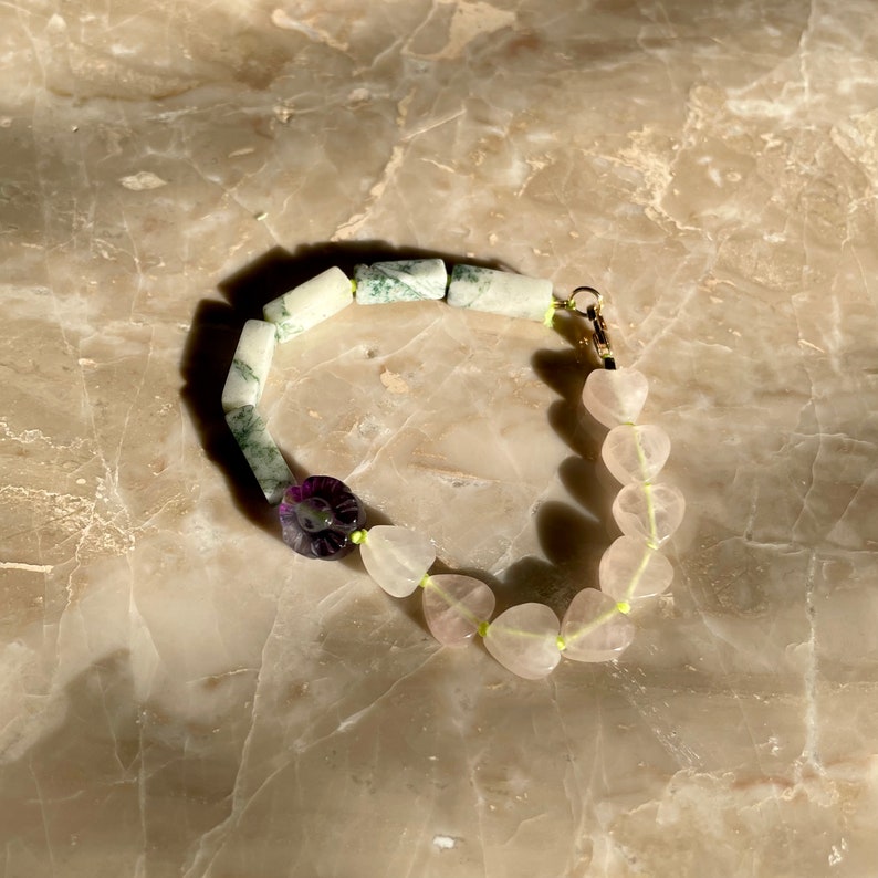 Bracelet de pierres précieuses noué à la main Fleur de fluorite Quartz rose Agate Mousse BRACELET SPLIT image 3