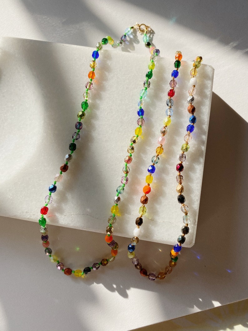 PATCHWORK BEADED NECKLACE Rainbow knotted beaded necklace with 14kt gold fill clasp image 5